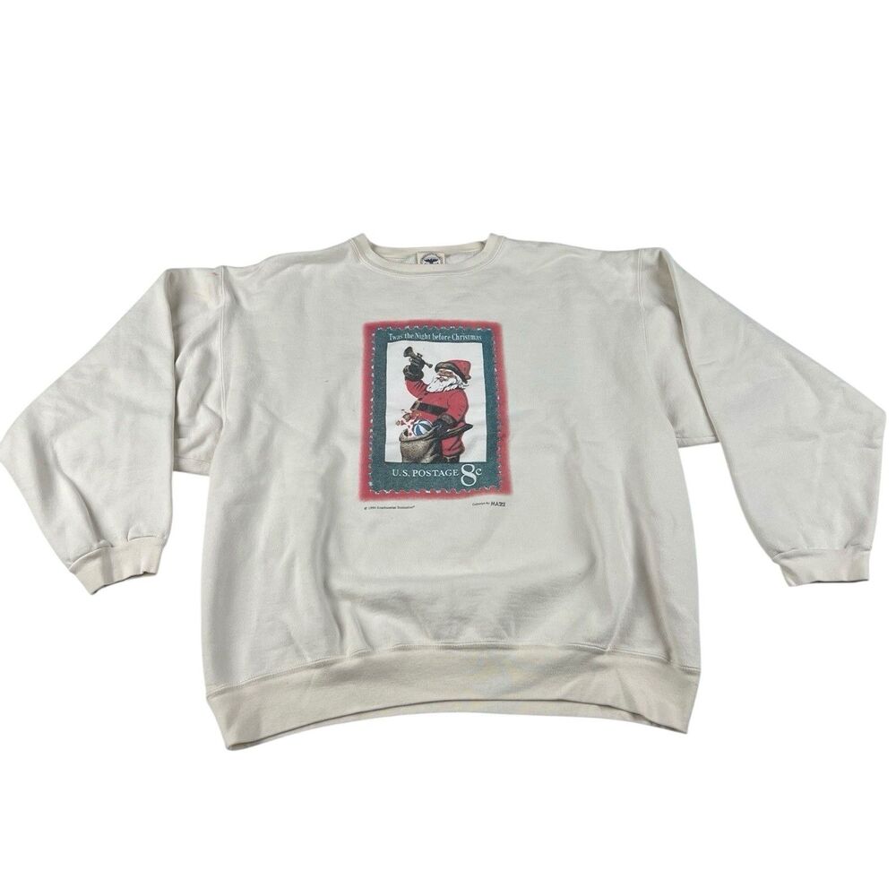 Vtg 90s Smithsonian Christmas Santa Faded Postage Stamp Sweatshirt Mail Funny XL